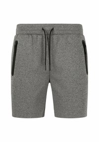 Grijze sportshorts van een gestructureerde stof, met een elastische tailleband en zwarte ritszakken aan beide zijden. Verstelbare trekkoordsluiting.