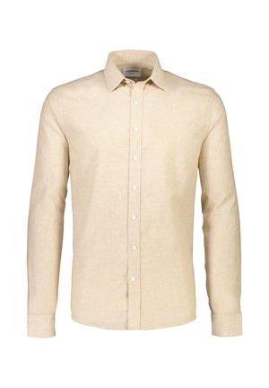 Beigenvärinen pellavainen pitkähiha-paita, jossa kauluksellinen pääntie ja napitettava etuosa. Paidassa on teksturoidusta kankaasta valmistettu materiaali ja säädettävät napilliset hihansuut.