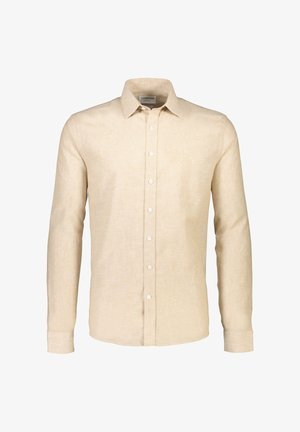 Beigenvärinen pellavainen pitkähiha-paita, jossa kauluksellinen pääntie ja napitettava etuosa. Paidassa on teksturoidusta kankaasta valmistettu materiaali ja säädettävät napilliset hihansuut.