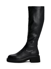 Botte en cuir noir, hauteur genou, avec une finition légèrement texturée, un bout rond, des panneaux élastiques sur les côtés et un talon épais.