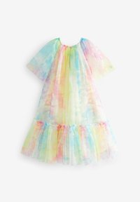 Robe pour enfant transparente et ample avec manches longues évasées et motif tie-dye arc-en-ciel pastel, avec un ourlet à volants.