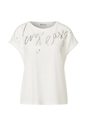 T-shirt bianco a maniche corte con vestibilità rilassata, con scritta in metallo argentato "very easy" sul davanti. Materiale morbido.