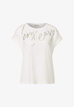 Biała koszulka z krótkim rękawem o luźnym kroju, z metalicznie srebrnym napisem "bardzo łatwe" na przodzie. Miękki materiał.