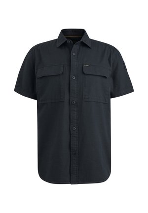 Short-sleeve dark shirt made of lightweight fabric, featuring two chest pockets, button closure, and a straight hem.