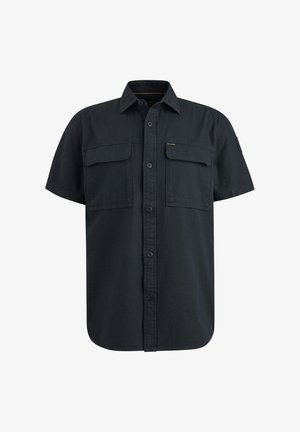 Camicia a maniche corte di colore scuro, realizzata in tessuto leggero, con due tasche sul petto, chiusura con bottoni e orlo dritto.
