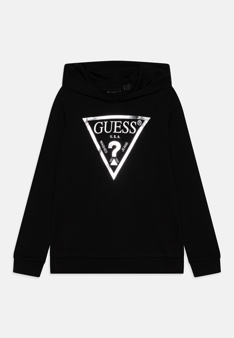 Hoodie noir en tissu doux avec un grand graphique triangulaire réfléchissant comportant le texte "GUESS U.S.A." et un point d'interrogation.