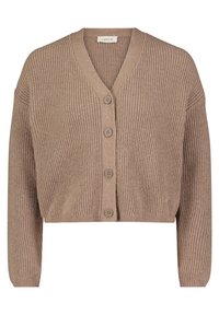 Brun kort ärmad cardigan i ribbad trikå. Har V-ringning och sex knappstängningar fram samt långa ärmar.