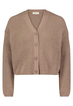Cardigan court marron en tissu tricot côtelé. Présente un col en V et six boutons de fermeture sur le devant, avec des manches longues.