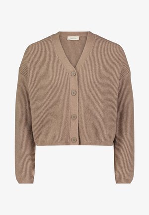 Brown cropped cardigan made of ribbed knit fabric. Features a V-neck and six button closures along the front with long sleeves.