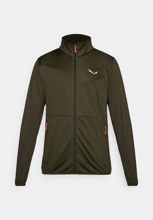 Zeleno-olivová bunda na zip, vyrobená z texturované tkaniny, má černé akcenty, oranžový zip, dvě boční kapsy a vysoký límec.