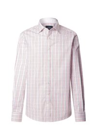 Chemise à manches longues pour homme, à boutons, avec une base blanche et un motif à carreaux multicolore en rouge et bleu. Tissu en coton avec un col évasé.