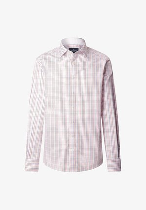 Muška košulja dugih rukava na dugme, sa bijelom podlogom i više boja kariranim uzorkom u crvenoj i plavoj boji. Pamuk sa raširenim kragnom.