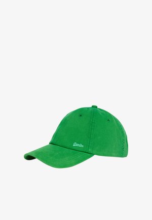 Zielona bawełniana czapka z daszkiem z zakrzywionym rantem i małym białym haftowanym logo "SuperDry" na przednim panelu.