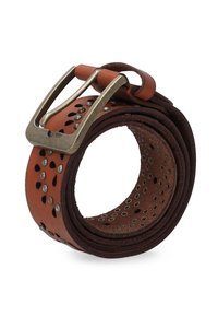 Lederbelt in Tan und Dunkelbraun, mit einer Metallschnalle und mehreren gestanzten Löchern entlang seiner Länge für eine verstellbare Größenanpassung.
