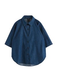 Mørkeblå denimskjorte med knaplukning foran, krave og korte ærmer. Har en rund kant og tekstureret stof.