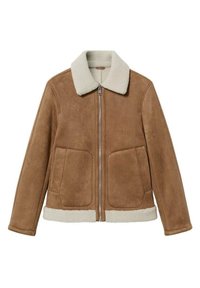 Brun ruskindsjakke med hvid fårskindskrave og kant, med lynlås foran og to sidelommer. Glat tekstur og struktureret design.