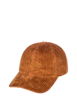 Brązowa czapka bejsbolowa z sztruksu z zakrzywionym daszkiem i żółtym haftowanym napisem oraz wzorem oka na przednim panelu.