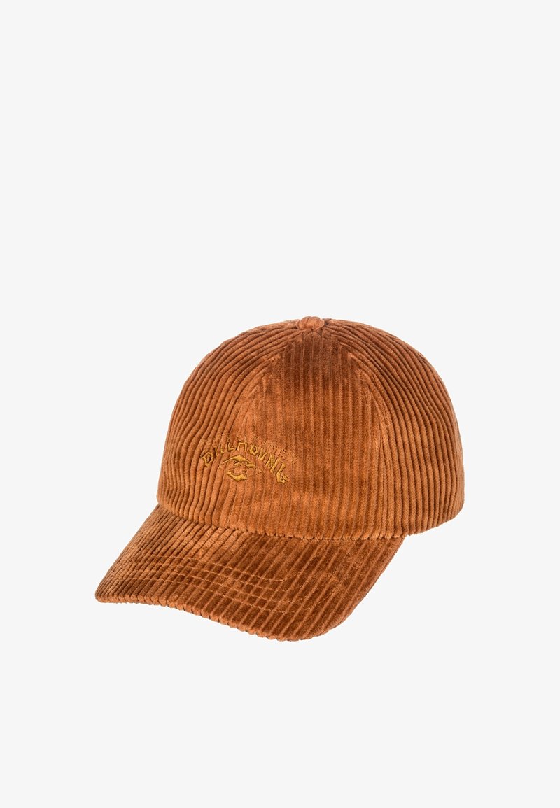 Casquette de baseball en velours côtelé marron avec visière courbée et texte brodé jaune ainsi qu'un dessin d'œil sur le panneau avant.