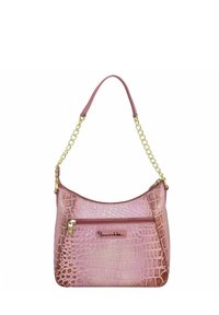 Roze nepleer handtas met een krokodillenhuidpatroon, gouden schouderband, ritszakje aan de voorkant en een gebogen silhouet.
