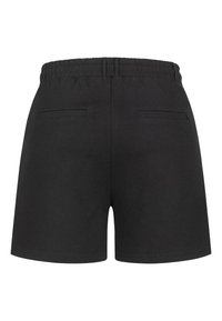 Mustad lõigatud lühikesed püksid elastse vöökohaga ja kahe tagumise pesuga, näidatud tagant valgel taustal.