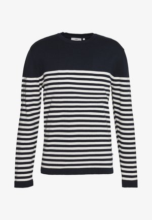 Navy blue and white striped long-sleeve sweater, featuring a round neck and a soft texture. Horizontal stripes in varying widths.