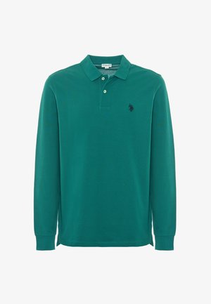Polo a maniche lunghe verde realizzato in cotone, con colletto a tre bottoni e logo ricamato in nero sul lato sinistro del petto.
