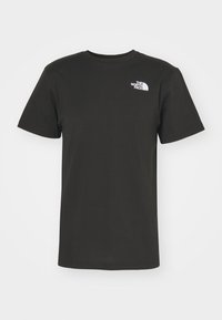 Black cotton t-shirt with crew neck, short sleeves, and a small white logo on the left chest. Simple design, smooth texture.