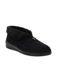 Zwarte suède pantoffels met een zachte zwarte nepbont kraag, een decoratieve accent en een platte zwarte zool. Het ontwerp is enkelhoog voor extra comfort.