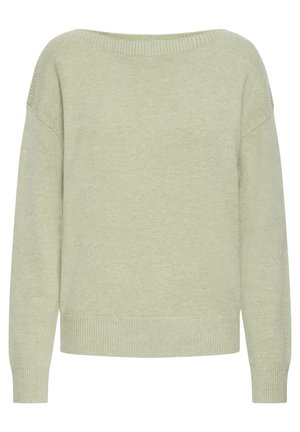 Pulover verde deschis cu guler larg, striat, umeri căzuți și manșete strânse. Textură moale și croială lejeră. Fără modele sau accente.