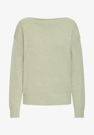 Pulover verde deschis cu guler larg, striat, umeri căzuți și manșete strânse. Textură moale și croială lejeră. Fără modele sau accente.