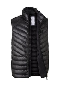 Zwarte pufferbodywarmer met een doorgestikt ontwerp, hoge kraag, zijzakken en een voorrits met merkdetails aan de binnenvoering.