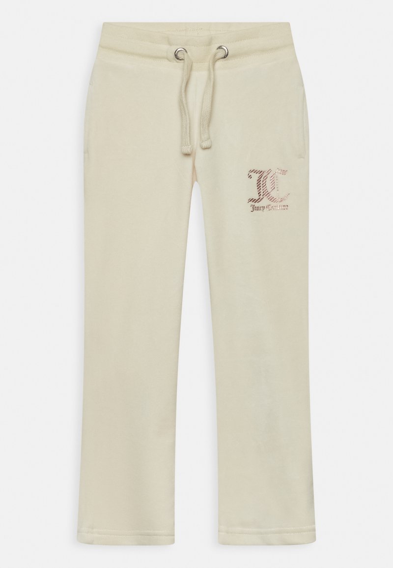 Calças de moletom bege claro feitas de tecido suave, com um cós ajustável, dois bolsos laterais e um logotipo tecido em rosa numa perna.