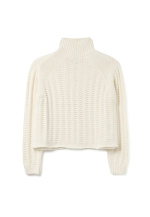 cremefarbener, gestrickter Rollkragenpullover mit Rippenstruktur und langen Ärmeln, flach auf einem weißen Hintergrund liegend.