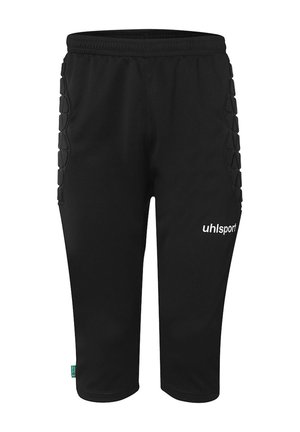 Zwarte gewatteerde sportshort tot over de knie met elastische tailleband en "uhlsport"-logo op de rechterdij.