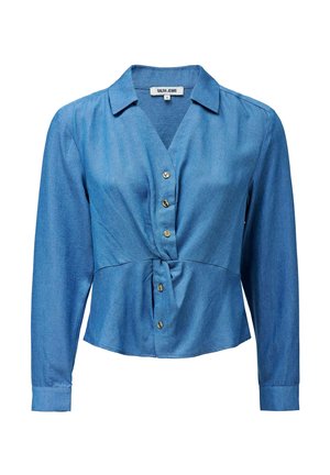 Modra denim bluza z dolgimi rokavi, kropom spredaj, ovratnikom, vozlom na pasu in gladko teksturo.
