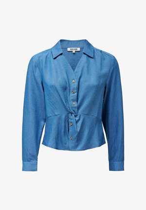 Modra denim bluza z dolgimi rokavi, kropom spredaj, ovratnikom, vozlom na pasu in gladko teksturo.
