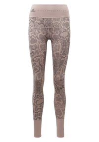 Růžové legíny s vysokým pasem, tmavým hadím vzorem a prošitými detaily, s logy Adidas a Stella McCartney na pásku.