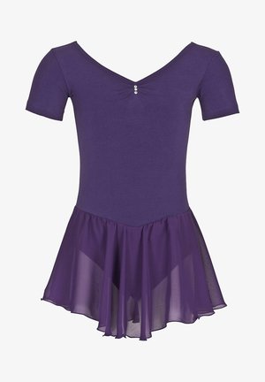 Justaucorps de ballet violet à manches courtes avec col en V et trois petites perles décoratives au niveau de l'encolure, doté d'une jupe transparente et fluide attachée.