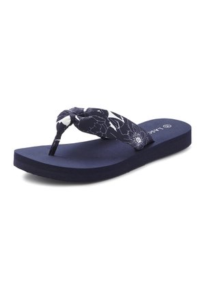Navy blue foam flip-flop with thick fabric thong strap featuring white floral patterns and knot detail.