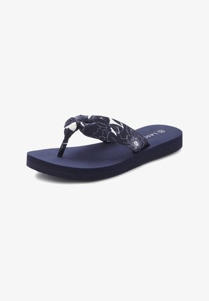 Navy blue foam flip-flop with thick fabric thong strap featuring white floral patterns and knot detail.
