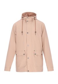 Hellrosa Regenjacke mit Kapuze, Druckknöpfen, zwei Fronttaschen, Kordelzug-Details und glattem, wasserabweisendem Stoff.