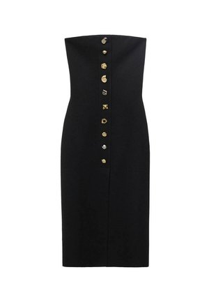 Black strapless dress with a fitted silhouette, featuring a front button closure with gold-tone decorative buttons along the center.