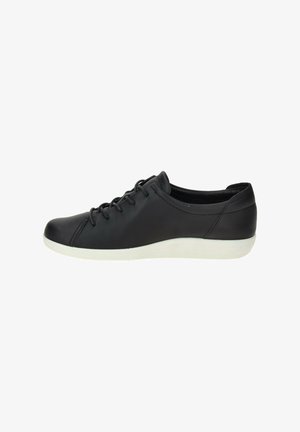 Black leather sneaker with round toe, lace-up front, and white rubber sole. Smooth texture with minimal stitching detail.