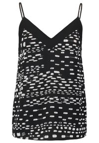 Camisole noire avec fines bretelles, col en V, et un motif abstrait à pois blancs réparti sur tout le tissu.