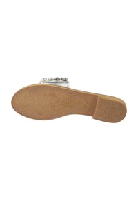 Sølv glidesandal med en teksturert såle med blomsterdesign, og en dekorativ stropp. Gummisåle i beige.