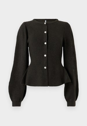Black ribbed cardigan with long puffed sleeves, rounded neckline, and five white buttons down the front. Peplum hem detailing at the waist.