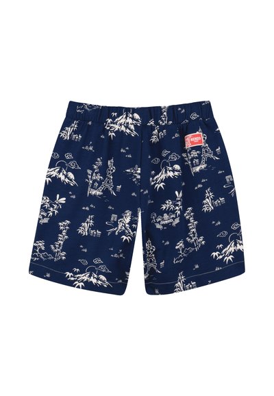 Navy blue shorts made of fabric featuring white graphic patterns of landscapes, buildings, and bamboo. Elastic waistband with a logo tag.
