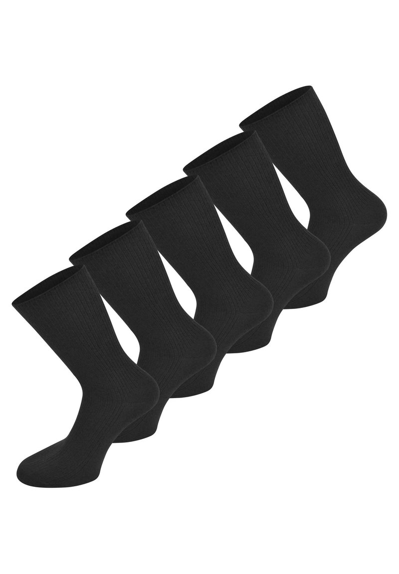 Schwarze Baumwollrippensocken im Set von fünf, mit einer glatten Textur, verstärkter Ferse und Bündchen für einen bequemen Sitz.