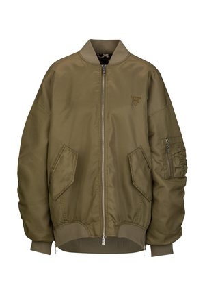 Olivgrüne Bomberjacke mit Frontreißverschluss, zwei schrägen Taschen, gerippten Bündchen und Saum sowie einer Reißverschlusstasche am linken Ärmel.