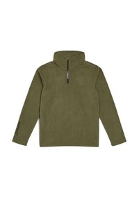 Pull-over en polaire vert olive avec un col haut, une fermeture éclair sur le devant à moitié, et un détail de logo sur la manche. Texture douce et design léger.
